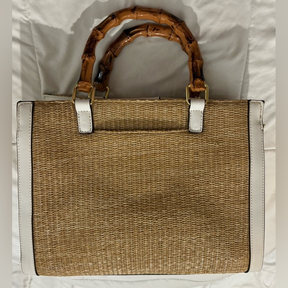 Liz Claiborne Tan White Wooden Handle Raffia Look Purse bag Euro Summer Classic - Picture 6 of 16